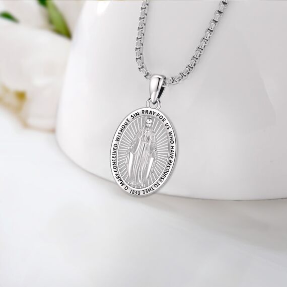 Eusense Heilige Jungfrau Maria Halskette St Mary Anhänger 925 Sterling Silber Saint Kette Katholischer Religiöser Schmuck Medaille Schutzamulett für Frauen Damen