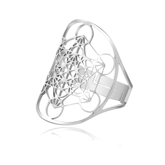 RWQIAN Damen Erzengel Silber Ring Metatron Muster Edelstahl Heilige Erzengel Ring Hohlring Einstellbare Schmuck Geschenk