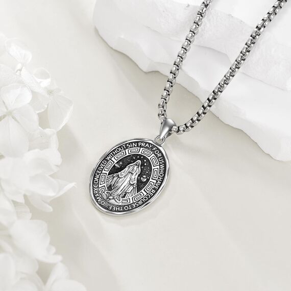 YFN Jungfrau Maria Oval Halskette Sterling Silber Religiöse Beschützer Kette Anhänger Virgin Maria Schmuck Geschenke für Damen Herren