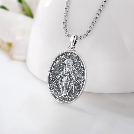 Eusense Heilige Jungfrau Maria Halskette St. Maria Anhänger Kette 925 Sterling Silber Heilige Halskette Kette katholischer Religiöser Schmuck Medaille Schutzamulett für Frauen Damen