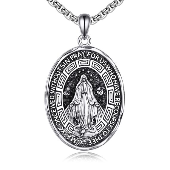 YFN Jungfrau Maria Oval Halskette Sterling Silber Religiöse Beschützer Kette Anhänger Virgin Maria Schmuck Geschenke für Damen Herren