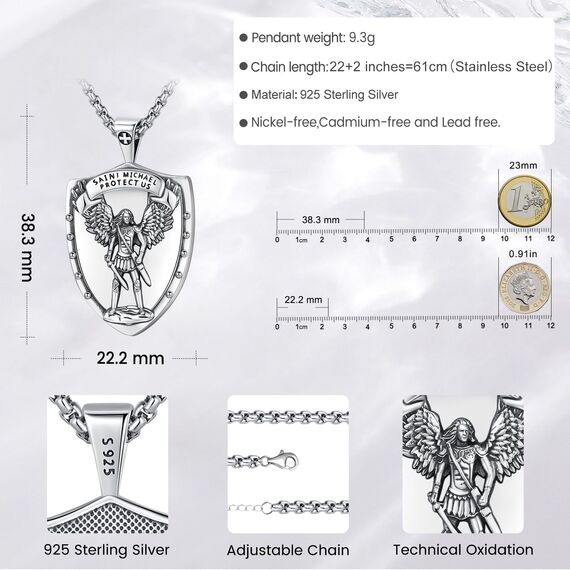 Eusense Saint Michael Halskette für Männer 925 Sterling Silber Erzengel Anhänger Kette St Michael Anhänger Heilige Amulett Schmuck Geschenk für Frauen Männer