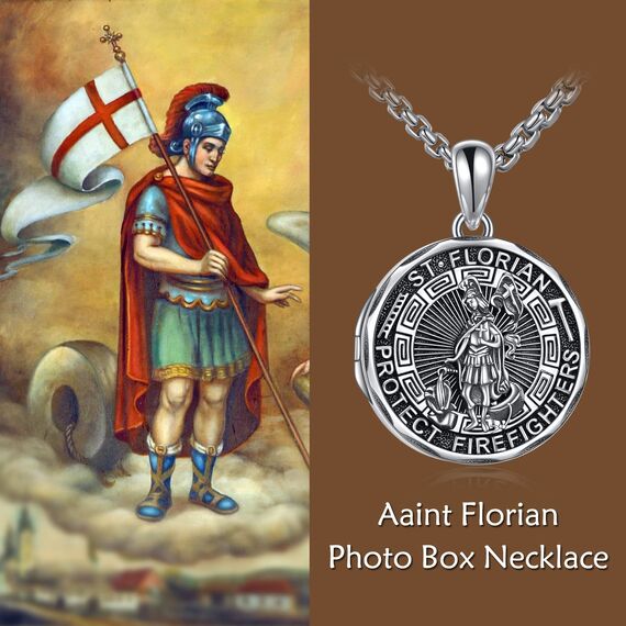 YFN Heiliger Florian Foto Halskette Sterling Silber Religiöser Beschützer Medaillon Anhänger Sankt Florian Schmuck Geschenke für Damen Herren