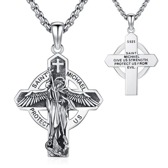 Eusense 925 Sterling Silber Saint Michael Kreuz Halskette St Michael Anhänger Erzengel beschützen uns Medaille Schutzpatron Amulett Religiöser Schmuck Geschenke für Männer Frauen