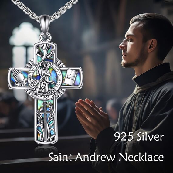 YFN Heiliger Andreas Kreuz Halskette Sterling Silber Religiöser Beschützer Anhänger St Andrew Schmuck Saint Andrew Geschenke für Damen Herren