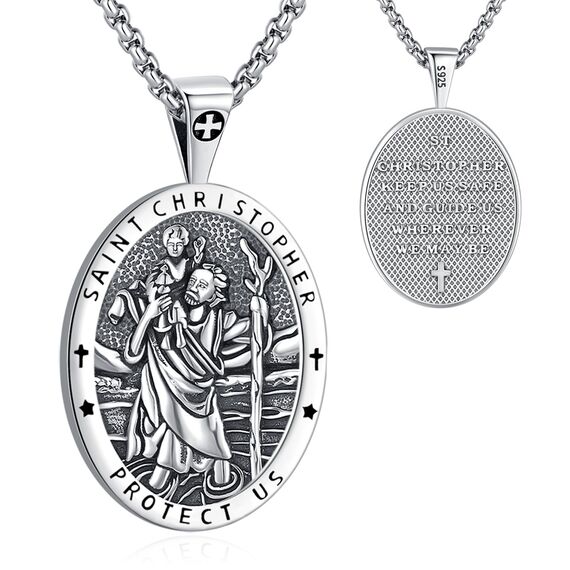 Eusense Saint Christopher Anhänger Halskette 925 Silber St Christopher Anhänger Saint Christopher Anhänger Kette Schmuck religiöses Amulett für Männer Frauen