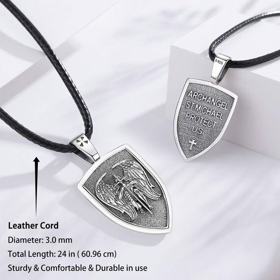 Eusense St Michael Halskette für Herren Damen 925 Sterling Silber Erzengel Anhänger Saint Michael Heilige Amulett Schmuck Geschenk, 61 cm