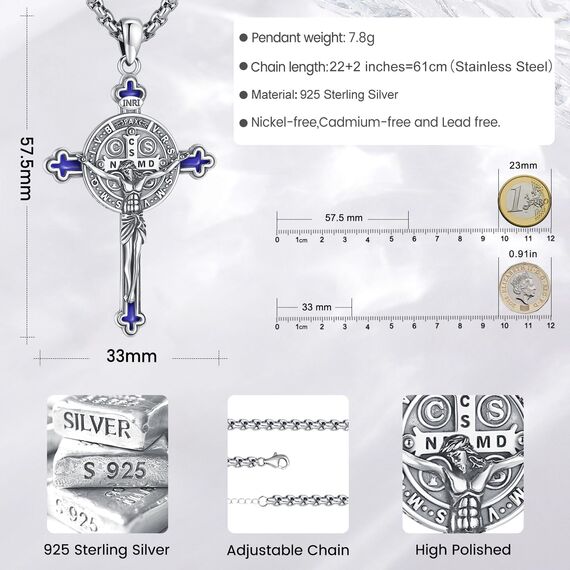 Eusense Saint Benedict Kruzifix Anhänger St. Benedikt Medaille Saint Halskette Kruzifix Jesus Kreuz Anhänger Schutz christlichen katholischen Schutzpatron Anhänger religiösen Schmuck für Männer Frauen
