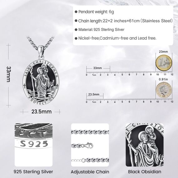Eusense Saint Christopher Halskette 925 Silber mit schwarzem Obsidian St Christopher Anhänger Saint Christopher Anhänger Kette Schmuck religiöses Amulett für Männer Frauen