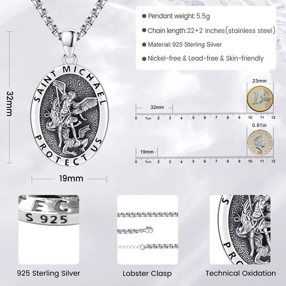 Eusense St Michael Halskette Heiliger Erzengel Michael Schutzengel Anhänger 925 Silber Schmuck für Damen Herren