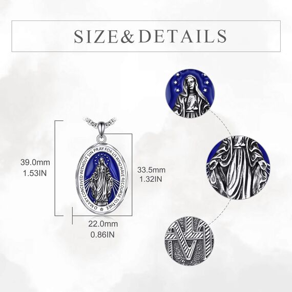 YFN Jungfrau Maria Oval Halskette Sterling Silber Religiöse Beschützer Anhänger Blau Jungfrau Maria Schmuck Geschenke für Damen Herren