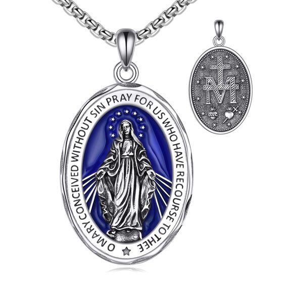 YFN Jungfrau Maria Oval Halskette Sterling Silber Religiöse Beschützer Anhänger Blau Jungfrau Maria Schmuck Geschenke für Damen Herren
