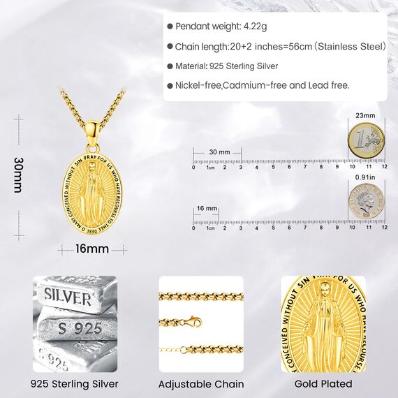 Eusense Jungfrau Maria Halskette Miraculous Holy Mary Anhänger 925 Silber Religiöse Katholische Amulett Beschützer Talisman Schmuck Geschenk für Frauen Männer