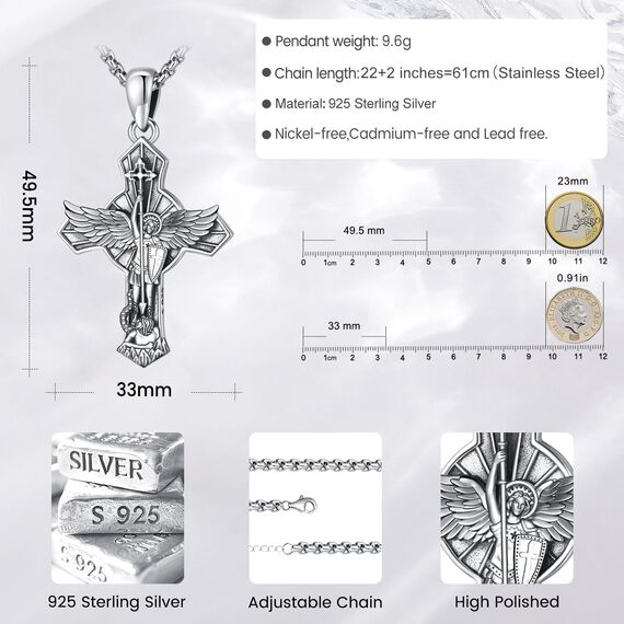 Eusense Sankt Michael Kreuz Halskette 925 Silber Sankt Michael Anhänger Erzengel Beschützt uns Medaille Schutzpatron Amulett Religiöser Schmuck Geschenke für Männer Frauen