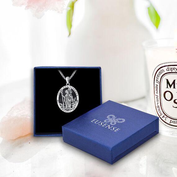 Eusense Saint Christopher Halskette 925 Silber mit schwarzem Obsidian St Christopher Anhänger Saint Christopher Anhänger Kette Schmuck religiöses Amulett für Männer Frauen