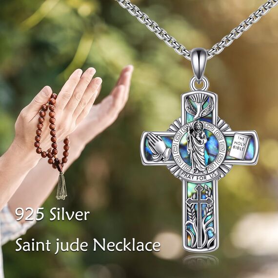 YFN Heiliger Judas Kreuz Halskette Sterling Silber Religiöse Beschützer Anhänger St Jude Schmuck Saint Jude Geschenke für Damen Herren