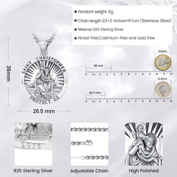 Eusense Saint Christopher Halskette 925 Silber St. Christopher Anhänger Saint Christopher Anhänger Schmuck Religiöses Amulett für Männer Frauen