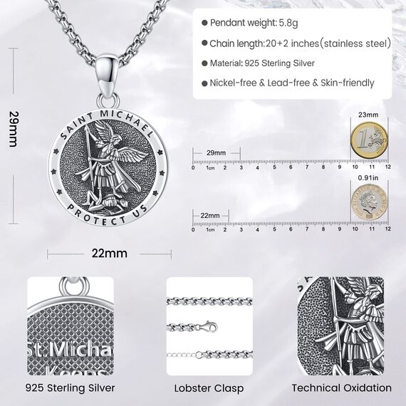 Eusense St Michael Halskette 925 Sterling Silber Heiliger Erzengel Anhänger Saint Michael Amulett Schmuck Geschenk für Herren Damen, 20+2"
