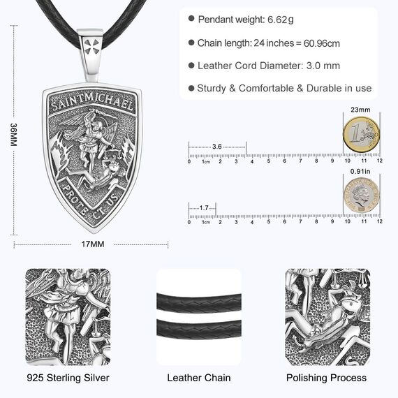 Eusense St Michael Halskette für Herren Damen, 925 Sterling Silber Schutzanhänger mit Erzengel, Engel Schutzheiligen Amulett, Schmuck Geschenk für Jungen Mädchen mit Lederseil 61 cm