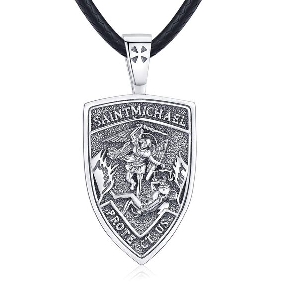 Eusense St Michael Halskette für Herren Damen, 925 Sterling Silber Schutzanhänger mit Erzengel, Engel Schutzheiligen Amulett, Schmuck Geschenk für Jungen Mädchen mit Lederseil 61 cm
