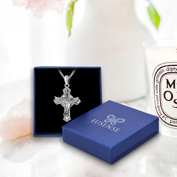 Eusense Sankt Michael Kreuz Halskette 925 Silber Sankt Michael Anhänger Erzengel Beschützt uns Medaille Schutzpatron Amulett Religiöser Schmuck Geschenke für Männer Frauen