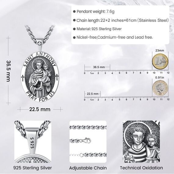 Eusense Saint Anthony Halskette 925 Sterling Silber St. Antonius Anhänger Kette Amulett Schutz Religiöser Schmuck Geschenke Für Frauen Männer