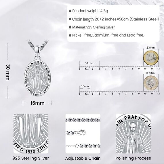Eusense Heilige Jungfrau Maria Halskette St Mary Anhänger 925 Sterling Silber Saint Kette Katholischer Religiöser Schmuck Medaille Schutzamulett für Frauen Damen