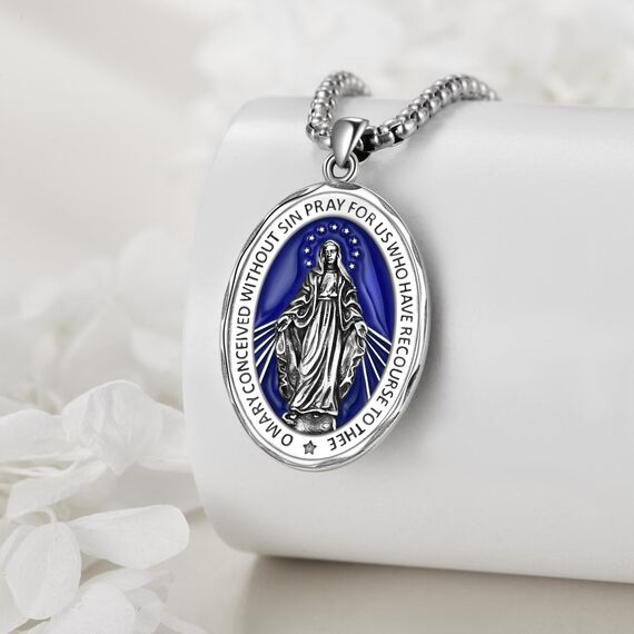 YFN Jungfrau Maria Oval Halskette Sterling Silber Religiöse Beschützer Anhänger Blau Jungfrau Maria Schmuck Geschenke für Damen Herren