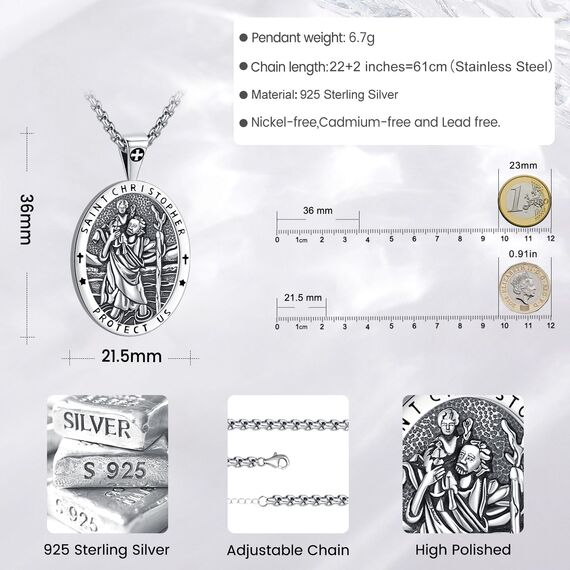 Eusense Saint Christopher Anhänger Halskette 925 Silber St Christopher Anhänger Saint Christopher Anhänger Kette Schmuck religiöses Amulett für Männer Frauen