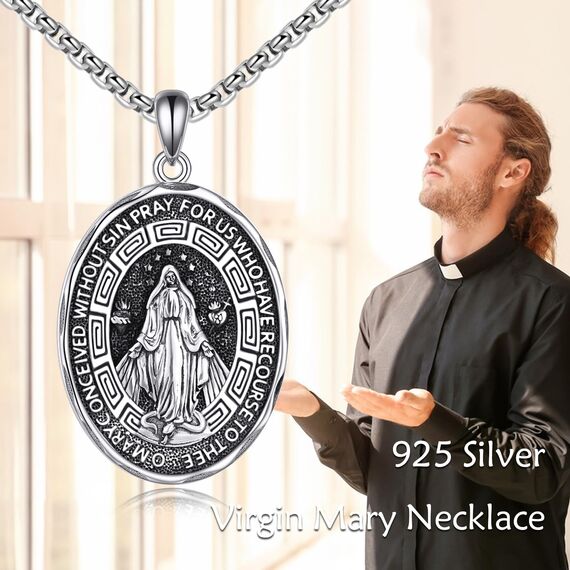YFN Jungfrau Maria Oval Halskette Sterling Silber Religiöse Beschützer Kette Anhänger Virgin Maria Schmuck Geschenke für Damen Herren
