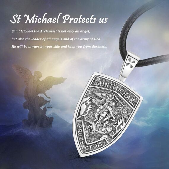 Eusense St Michael Halskette für Herren Damen, 925 Sterling Silber Schutzanhänger mit Erzengel, Engel Schutzheiligen Amulett, Schmuck Geschenk für Jungen Mädchen mit Lederseil 61 cm