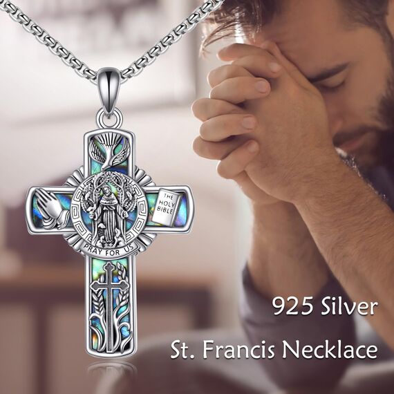 YFN Heiliger Franziskus Kreuz Halskette Sterling Silber Religiöse Beschützer Anhänger St Francis Schmuck Saint Francis Geschenke für Damen Herren