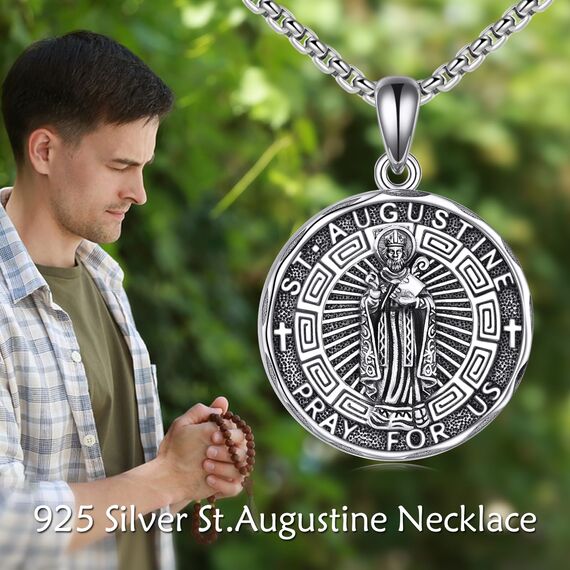 YFN Heiliger Augustinus Halskette Sterling Silber Religiöse Beschützer Anhänger St. Augustinus Schmuck Geschenke für Damen Herren