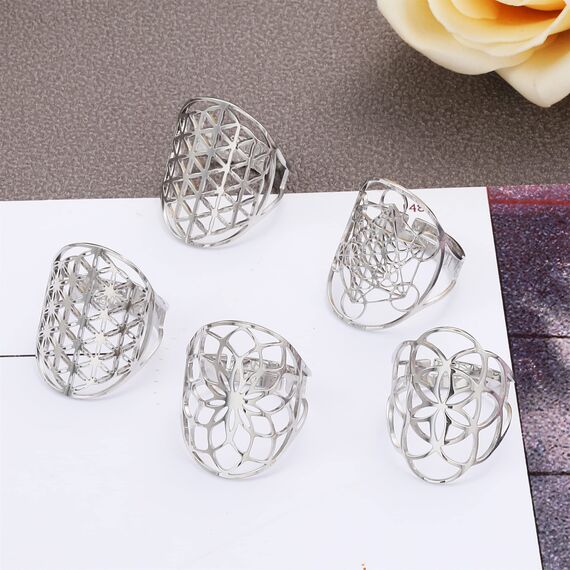 RWQIAN Damen Erzengel Ring Blume des Lebens Muster Edelstahl Heilige Erzengel Ring Hohlring Blume des Lebens Einstellbare Schmuck