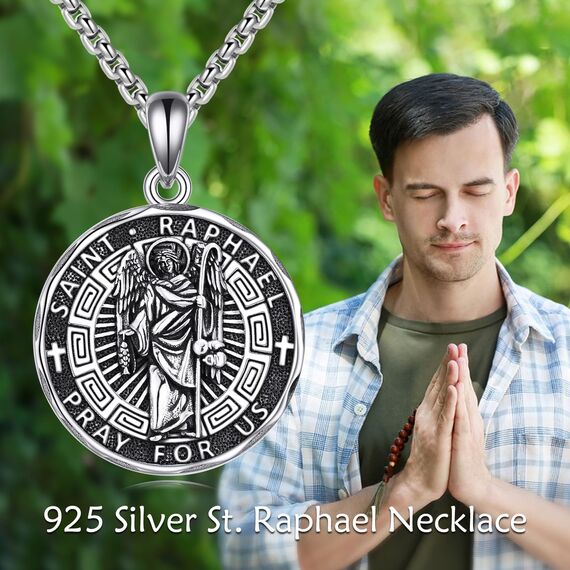 YFN Heiliger Raphael Halskette Sterling Silber Religiöser Beschützer Anhänger St Raphael Schmuck Saint Raphael Geschenke für Damen Herren