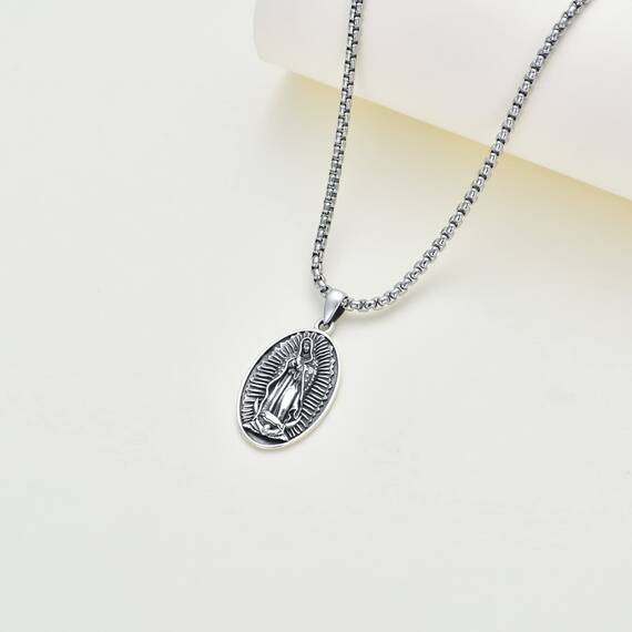 Shusukue Satin St Guadalupe Silberkette Herren 925 Schwarz Halsketten Vintage Religiöse Anhänger