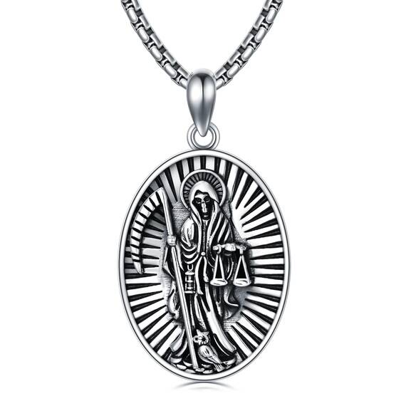 Shusukue St. Muerte Kette 925 Sterling Silber Erzengel Saint Muerte Amulett Schutzpatron Halskette Medaillen Gebetsmünzen Anhänger Schmuck für Männer
