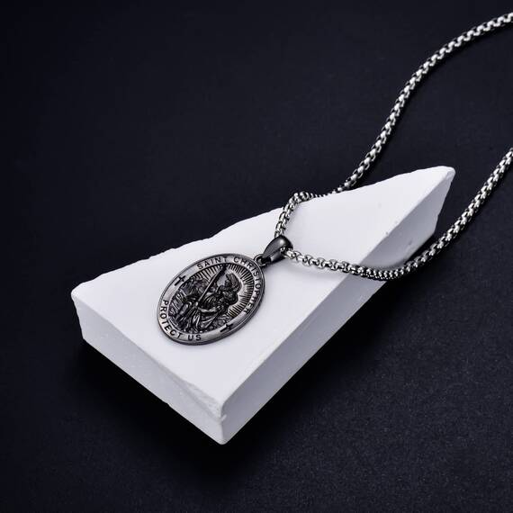 Shusukue Saint Christoph Silber 925 Amulett Halskette Anhänger Religiöse Ketten für Herren (Schwarz)
