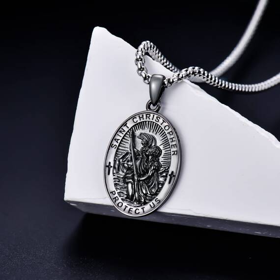 Shusukue Saint Christoph Silber 925 Amulett Halskette Anhänger Religiöse Ketten für Herren (Schwarz)