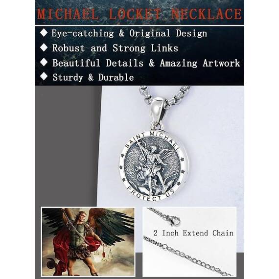 Shusukue Personalisierte Erzengel ST Michael Anhänger mit Foto Amulett Medallion zum öffnen 925 Silber Halsketten für Mann Herren Männer Religiöse Fotoschmuck