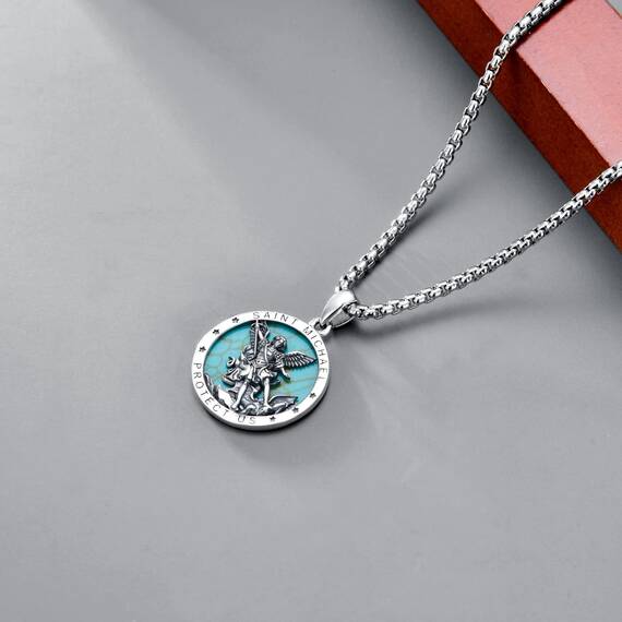 Shusukue St. Michael Kette Erzengel Saint Michael Amulett Schutzpatron Halskette 925 Sterling Silber Anhänger Christlicher Religiöser Schmuck für Männer (Türkis)