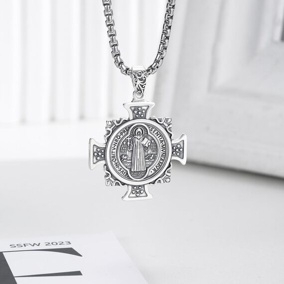 DOTBJ 925 Sterling Silber St Benedikt Kreuz Anhänger Kette mit Edelstahlkette 55,88cm + 5cm