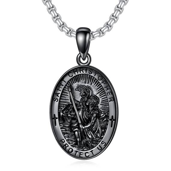 Shusukue Saint Christoph Silber 925 Amulett Halskette Anhänger Religiöse Ketten für Herren (Schwarz)