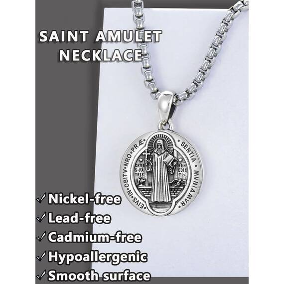 Shusukue Personalisierte St. Benedikt Kette 925 Silber Heiliger Benedikt Medaille Amulett Schutzpatron Halskette Christlicher Religiöser Anhänger