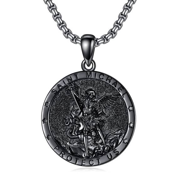 Shusukue St. Michael Kette Erzengel Saint Michael Amulett Schutzpatron Halskette 925 Sterling Silber, Medaillen Gebetsmünzen Anhänger Christlicher Religiöser Schmuck für Männer (Schwarz)