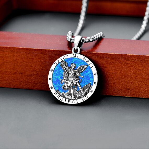 Shusukue Opal St. Michael Kette 925er Sterling Silber, Erzengel Saint Michael Amulett Schutzpatron Halskette, Medaillen Gebetsmünzen Anhänger Christlicher Religiöser Schmuck für Frauen Männer
