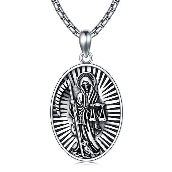 Shusukue St. Muerte Kette 925 Sterling Silber Erzengel Saint Muerte Amulett Schutzpatron Halskette Medaillen Gebetsmünzen Anhänger Schmuck für Männer