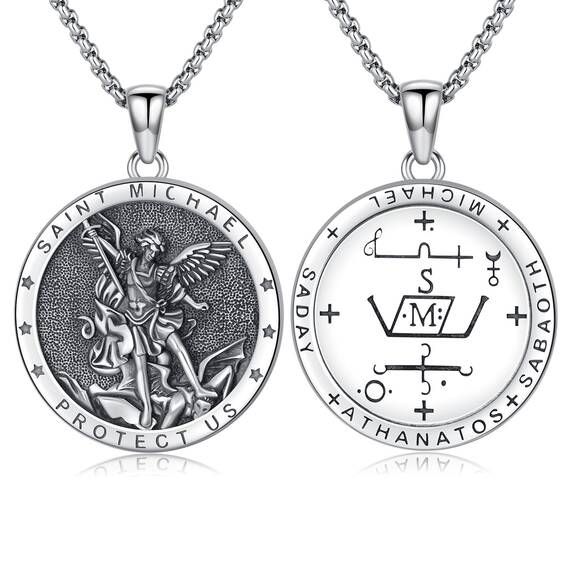 Shusukue Saint Michael Kette 925 Sterling Silber Erzengel Saint Michael Amulett Schutzpatron Halskette Medaillen Gebetsmünzen Anhänger Christlicher Religiöser Schmuck für Frauen Männer