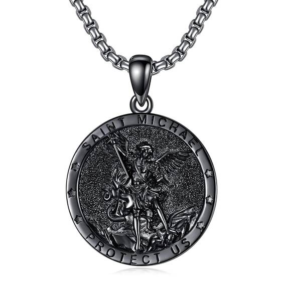 Shusukue St. Michael Kette Erzengel Saint Michael Amulett Schutzpatron Halskette 925 Sterling Silber, Medaillen Gebetsmünzen Anhänger Christlicher Religiöser Schmuck für Männer (Schwarz)