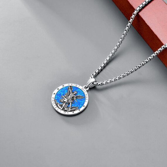 Shusukue Opal St. Michael Kette 925er Sterling Silber, Erzengel Saint Michael Amulett Schutzpatron Halskette, Medaillen Gebetsmünzen Anhänger Christlicher Religiöser Schmuck für Frauen Männer